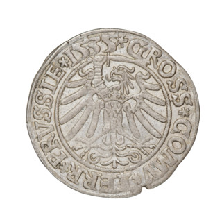 Prussian grosz, Sigismund I the Old (King of Poland; 1506–1548). Obverse: Crowned male bust in