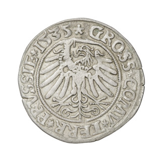 Prussian grosz, Sigismund I the Old (King of Poland; 1506–1548). Obverse: Crowned male bust in