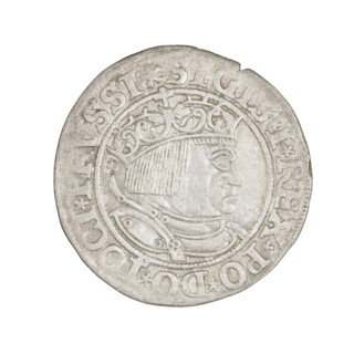 Prussian grosz, Sigismund I the Old (King of Poland; 1506–1548). Obverse: Crowned male bust in