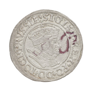 Prussian grosz, Sigismund I the Old (King of Poland; 1506–1548). Obverse: crowned male bust in