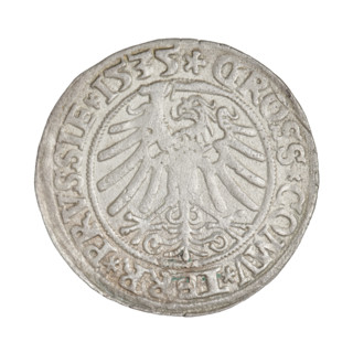 Prussian grosz, Sigismund I the Old (King of Poland; 1506–1548). Obverse: Crowned male bust in