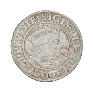 Prussian grosz, Sigismund I the Old (King of Poland; 1506–1548). Obverse: Crowned male bust in