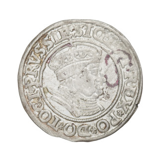 Prussian grosz, Sigismund I the Old (King of Poland; 1506–1548). Obverse: crowned male bust in