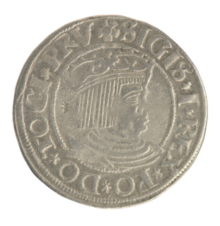 Gdansk grosz, Sigismund I the Old (King of Poland; 1506–1548). Obverse: Crowned male bust in
