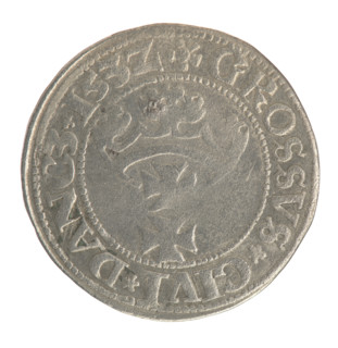 Gdansk grosz, Sigismund I the Old (King of Poland; 1506–1548). Obverse: Crowned male bust in