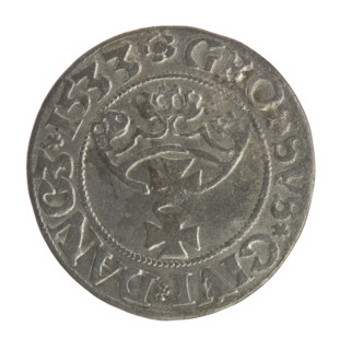 Gdansk grosz, Sigismund I the Old (King of Poland; 1506–1548). Obverse: Crowned male bust in