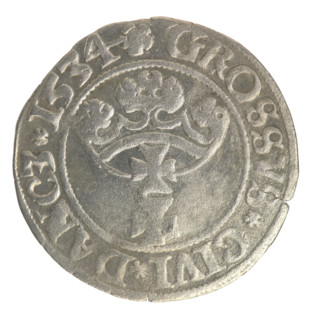 Gdansk grosz, Sigismund I the Old (King of Poland; 1506–1548). Polish coin, 1534. Obverse: Crowned