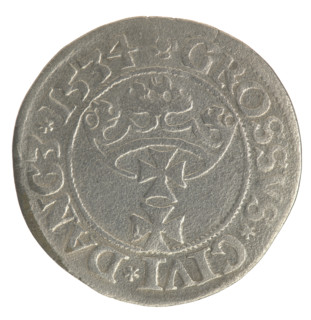 Gdansk grosz, Sigismund I the Old (King of Poland; 1506–1548). Jagiellonian period coin. Obverse:
