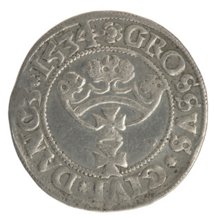 Gdansk grosz, Sigismund I the Old (King of Poland; 1506–1548). Obverse: Crowned male bust in