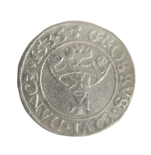 Gdansk grosz, Sigismund I the Old (King of Poland; 1506–1548). Obverse: Crowned male bust in