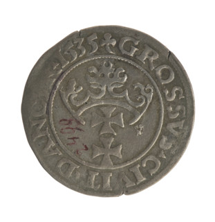 Gdansk grosz, Sigismund I the Old (King of Poland; 1506–1548). Polish coin, 1535. Obverse: Crowned