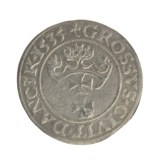 Gdansk grosz, Sigismund I the Old (King of Poland; 1506–1548). Obverse: Crowned male bust in