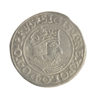 Gdansk grosz, Sigismund I the Old (King of Poland; 1506–1548). Obverse: Crowned male bust in