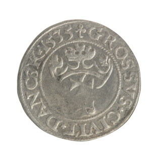 Gdansk grosz, Sigismund I the Old (King of Poland; 1506–1548). Jagiellonian-era coin. Obverse: