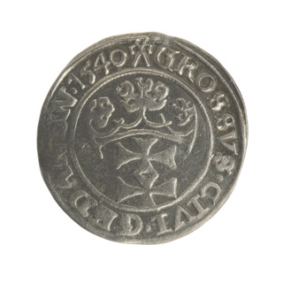 Gdansk grosz, Sigismund I the Old (King of Poland; 1506–1548). Obverse: Crowned male bust in
