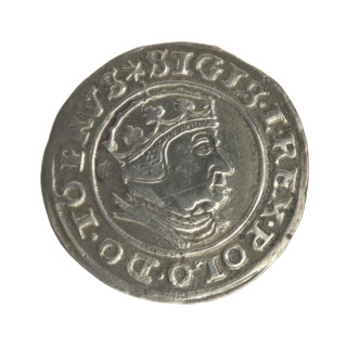 Gdansk grosz, Sigismund I the Old (King of Poland; reign 1506–1548). Obverse: Crowned male bust in