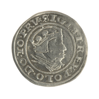 Gdansk grosz, Sigismund I the Old (King of Poland; 1506–1548). Obverse: Crowned male bust in