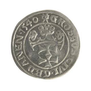 Gdansk grosz, Sigismund I the Old (King of Poland; 1506–1548). Obverse: Crowned male bust in