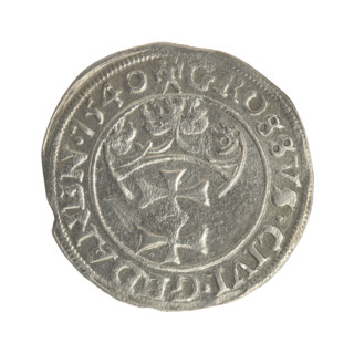 Gdansk grosz, Sigismund I the Old (King of Poland; 1506–1548). Obverse: Crowned male bust in