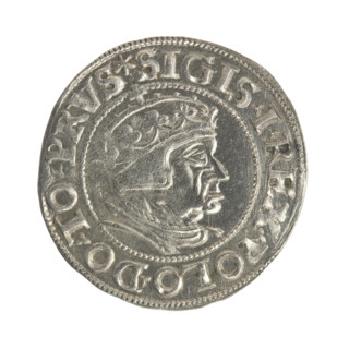 Gdansk grosz, Sigismund I the Old (King of Poland; 1506–1548). Obverse: Crowned male bust in