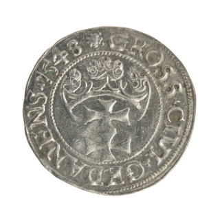 Gdansk grosz, Sigismund I the Old (King of Poland; 1506–1548). Obverse: Crowned male bust in