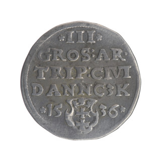 Gdansk trojak, Sigismund I the Old (King of Poland; 1506–1548). Obverse: crowned male bust in