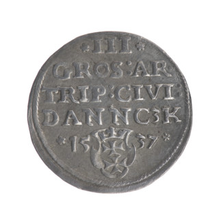 Gdansk troika, Sigismund I the Old (King of Poland; 1506–1548). Polish coin, 1537. Obverse: Crowned