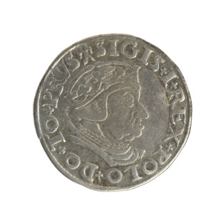 Gdansk trojak, Sigismund I the Old (King of Poland; 1506–1548). Obverse: Crowned male bust in