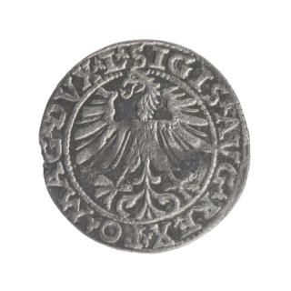 Lithuanian half-grosz, Sigismund II Augustus (King of Poland; 1544–1572). Obverse: Polish eagle; in