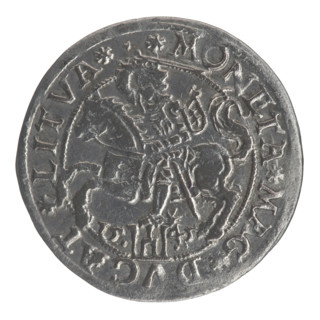 Lithuanian grosz (coin) dated 1545, minted in Vilnius, Grand Duchy of Lithuania. Obverse: crowned