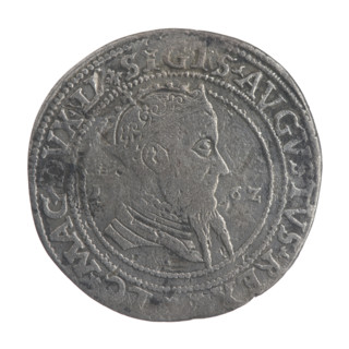 Lithuanian sixer, Sigismund II Augustus (king of Poland; 1544–1572). Coats of arms: Jagiellonians