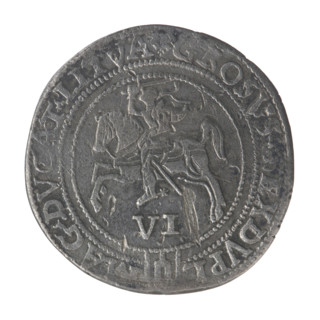 Lithuanian sixer, Sigismund II Augustus (king of Poland; 1544–1572). Coats of arms; Jagiellonians