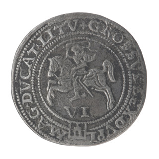 Lithuanian sixer, Sigismund II Augustus (king of Poland; 1544–1572). Obverse: crowned male bust in