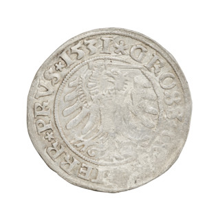 Prussian grosz, Sigismund I the Old (King of Poland; 1506–1548). Obverse: Crowned male bust in