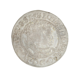 Prussian grosz, Sigismund I the Old (King of Poland; 1506–1548). Obverse: crowned male bust in