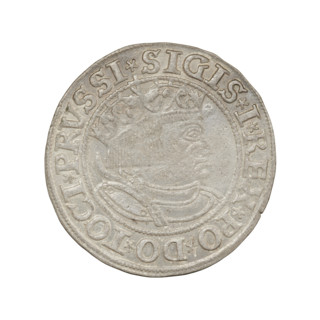 Prussian grosz, Sigismund I the Old (King of Poland; 1506–1548). Obverse: Crowned male bust in