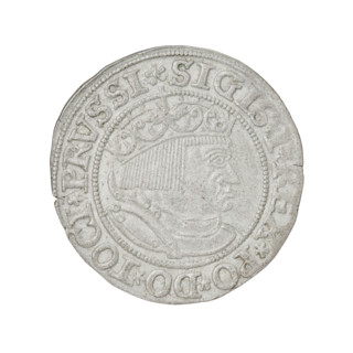 Prussian grosz of Sigismund I the Old (King of Poland, 1506–1548). Obverse: crowned male bust in