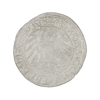 Prussian grosz, Sigismund I the Old (King of Poland; 1506–1548). Obverse: Crowned male bust in
