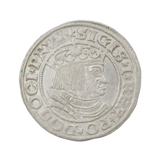 Prussian grosz of Sigismund I the Old (King of Poland; 1506–1548). Obverse: crowned male bust in
