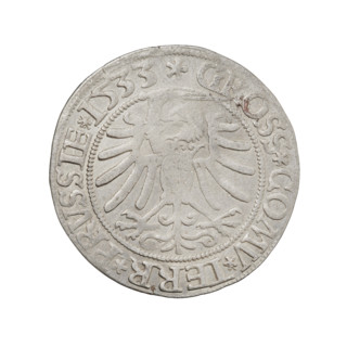 Prussian grosz of Sigismund I the Old (King of Poland, 1506–1548). Obverse: Crowned male bust in