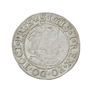 Prussian grosz, Sigismund I the Old (King of Poland; 1506–1548). Obverse: Crowned male bust in