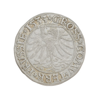 Prussian grosz, Sigismund I the Old (King of Poland; 1506–1548); obverse: crowned male bust in