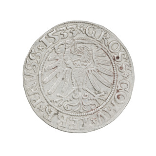 Prussian grosz, Sigismund I the Old (King of Poland; 1506–1548). Obverse: crowned male bust in