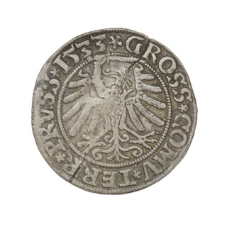 Prussian grosz, Sigismund I the Old (King of Poland; 1506–1548). Obverse: Crowned male bust in