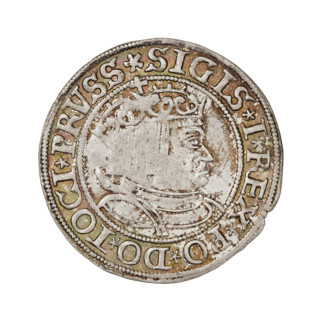 Prussian grosz, Sigismund I the Old (King of Poland; 1506–1548). Obverse: crowned male bust in