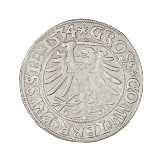 Prussian grosz, Sigismund I the Old (King of Poland; 1506–1548). Obverse: Crowned male bust in