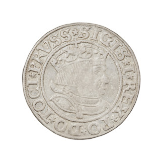 Prussian grosz of Sigismund I the Old (King of Poland, 1506–1548). Obverse: crowned male bust in