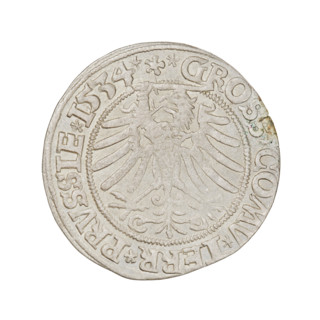 Prussian grosz (1534) depicting Sigismund I the Old (King of Poland, 1506–1548). Obverse: crowned