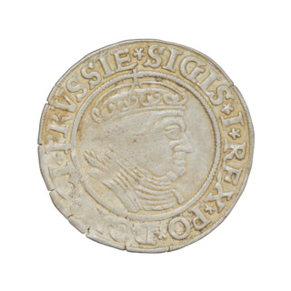 Prussian grosz of Sigismund I the Old (King of Poland; 1506–1548). Obverse: Crowned male bust in