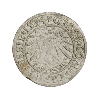 Prussian grosz, Sigismund I the Old (King of Poland; 1506–1548). Obverse: crowned male bust in